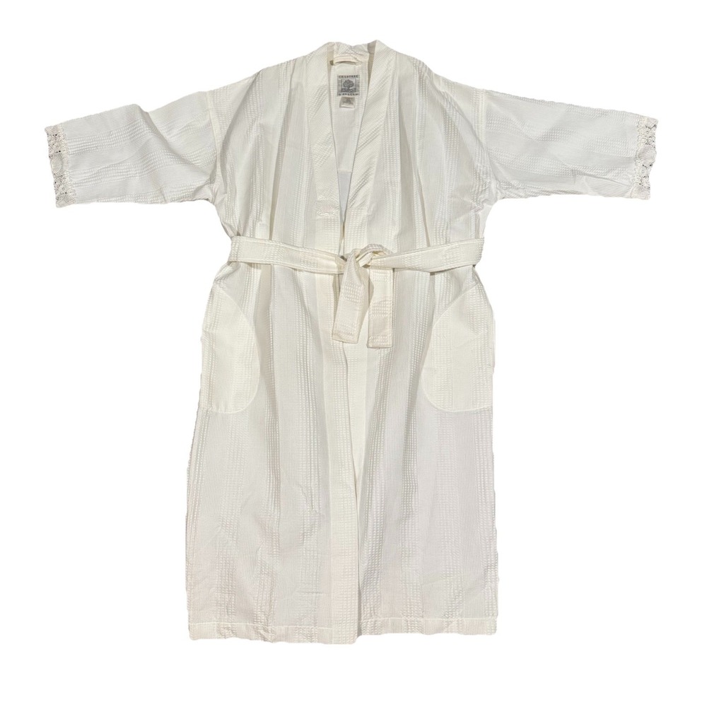 VTG Crabtree & Evelyn Size M/L 100% Cotton Long White Robe Belted Seashell Trim